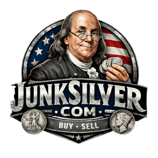 Logo of JunkSilver.com with Benjamin Franklin and American flag.