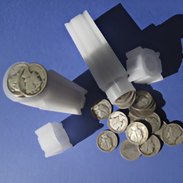 Coins scattered beside plastic tubes